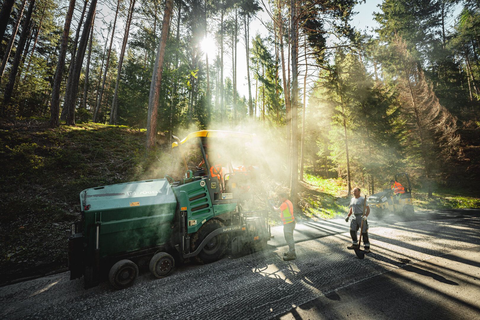 Road construction workers and machinery operating in a forest setting with sunlight streaming through the trees.